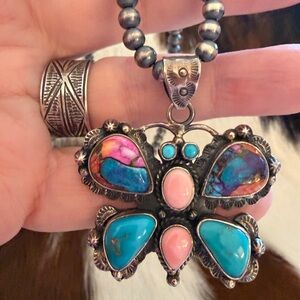 ❤️ Huge Butterfly Navajo Style 925 Pendant Dahlia Conch Kingman Turquoise 19.3G